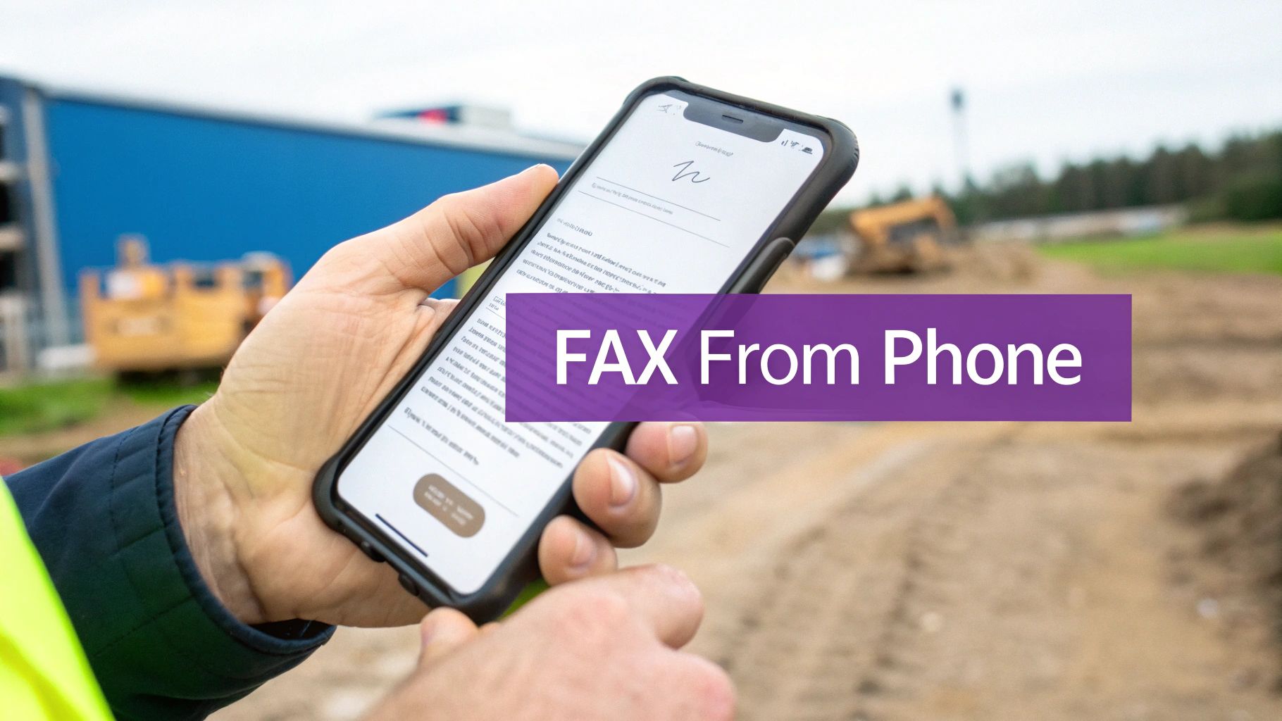 A person holds a smartphone displaying a document to be faxed, with a 'FAX From Phone' overlay.