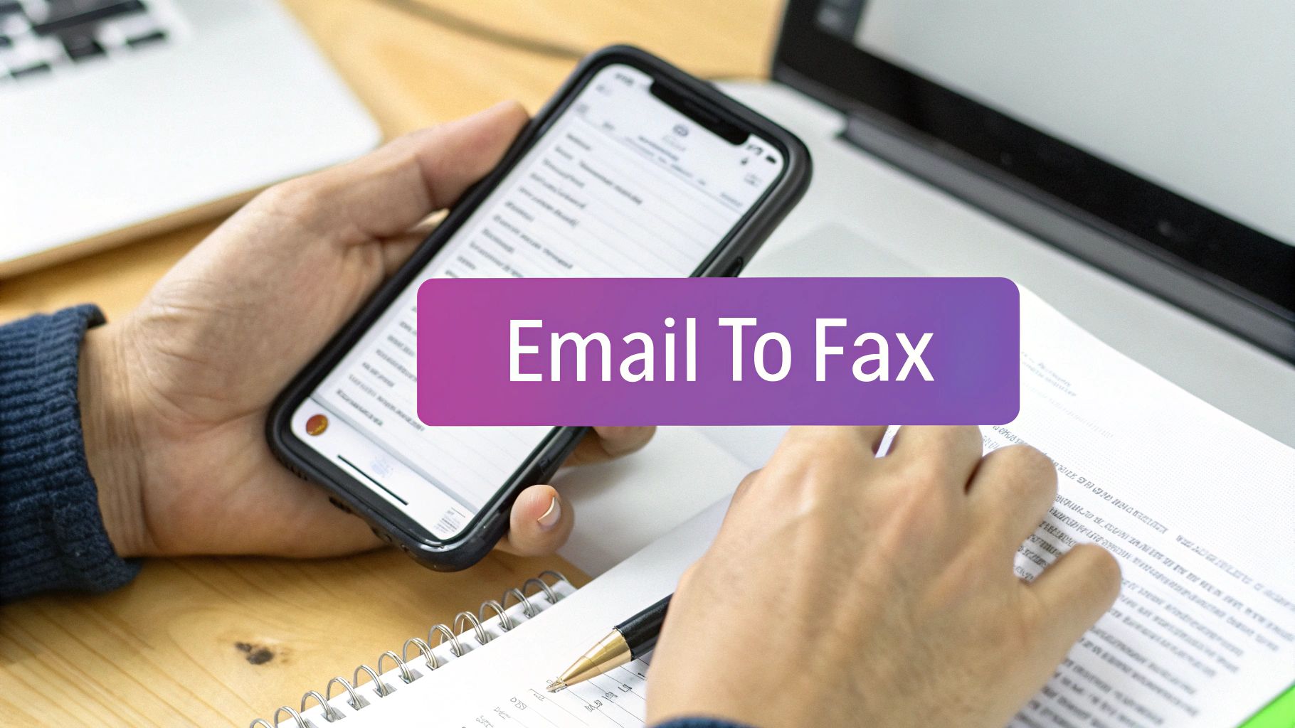 Hands holding a smartphone and pen next to paper on a wooden desk, showing 'Email To Fax'.