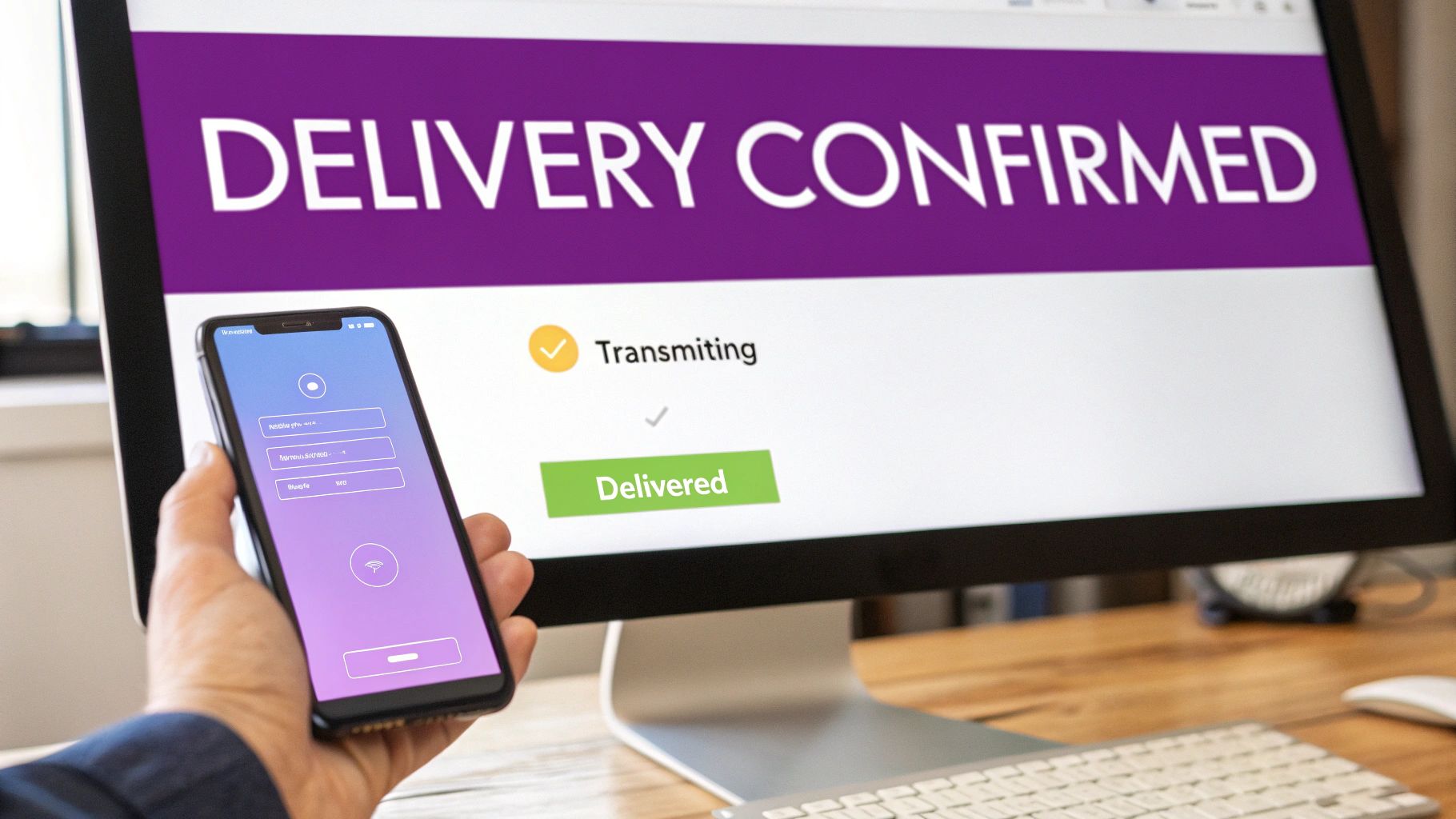 Person holding smartphone showing delivery tracking app with confirmed status on computer screen