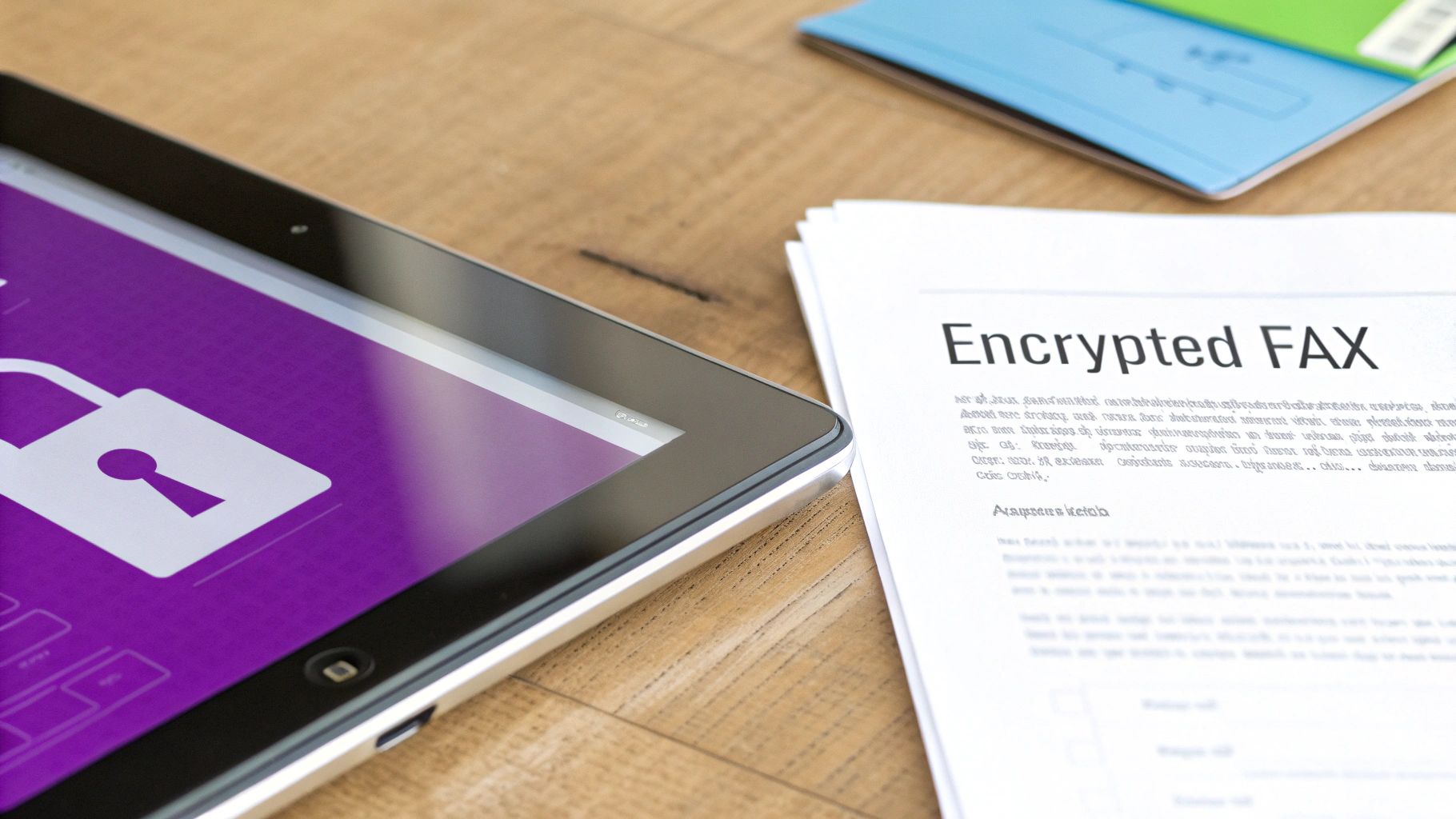 A tablet displaying a lock icon next to a document titled 'Encrypted FAX' on a wooden desk.