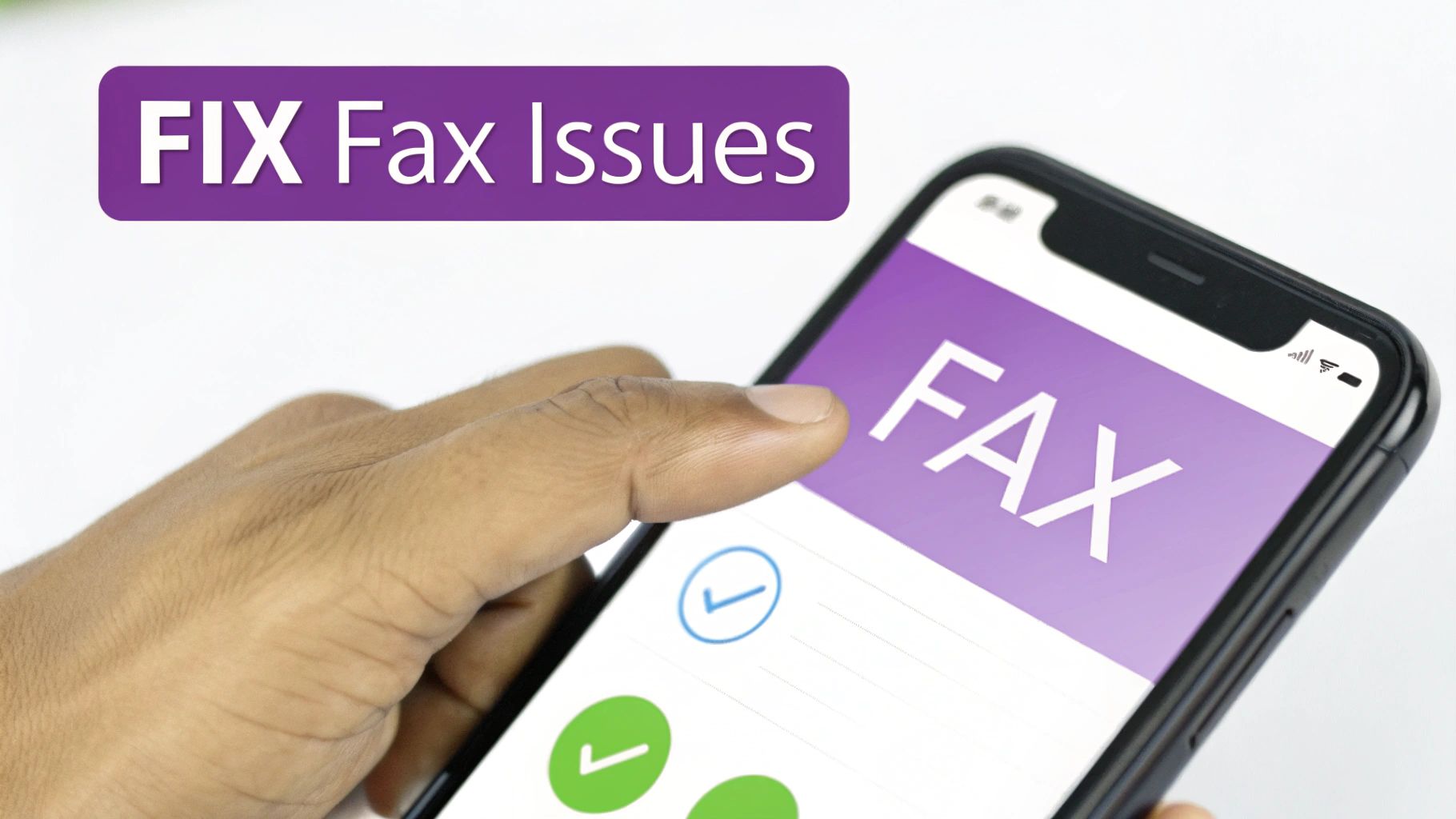 A hand holds a smartphone displaying a 'FAX' app with checkmarks and the text 'FIX Fax Issues'.