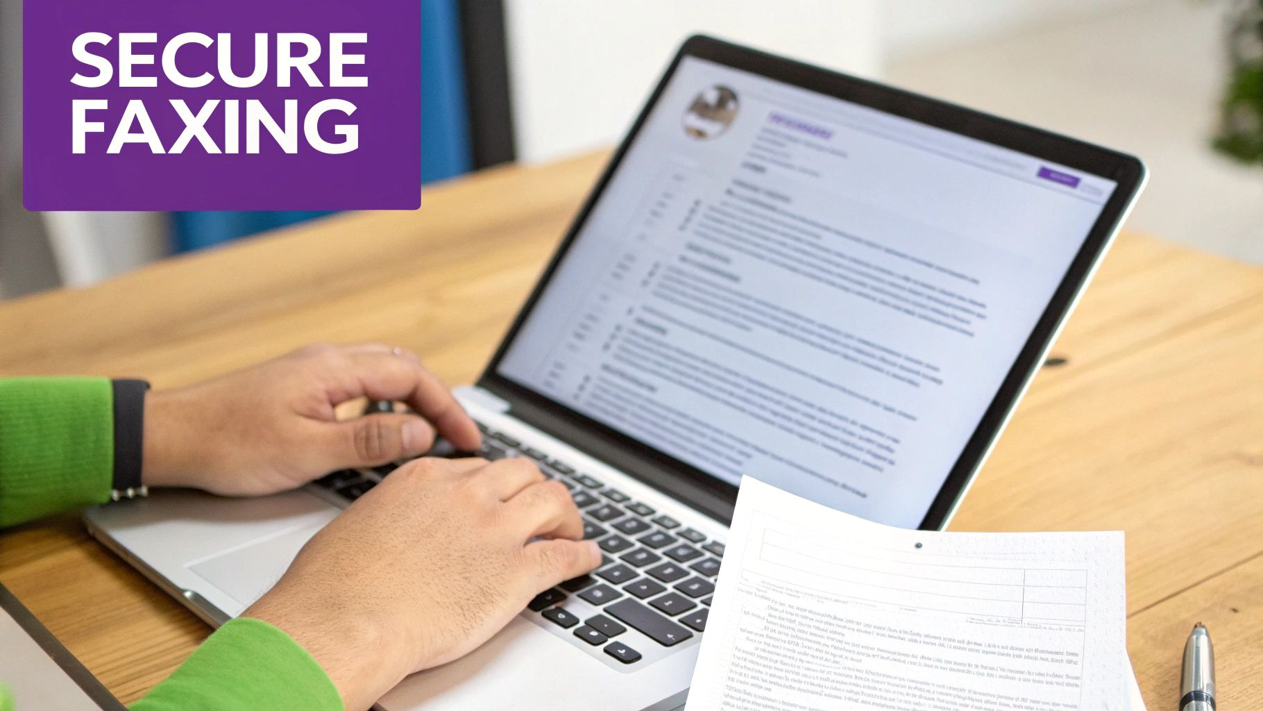 Person typing on a laptop showing a document, with 'SECURE FAXING' text in purple.