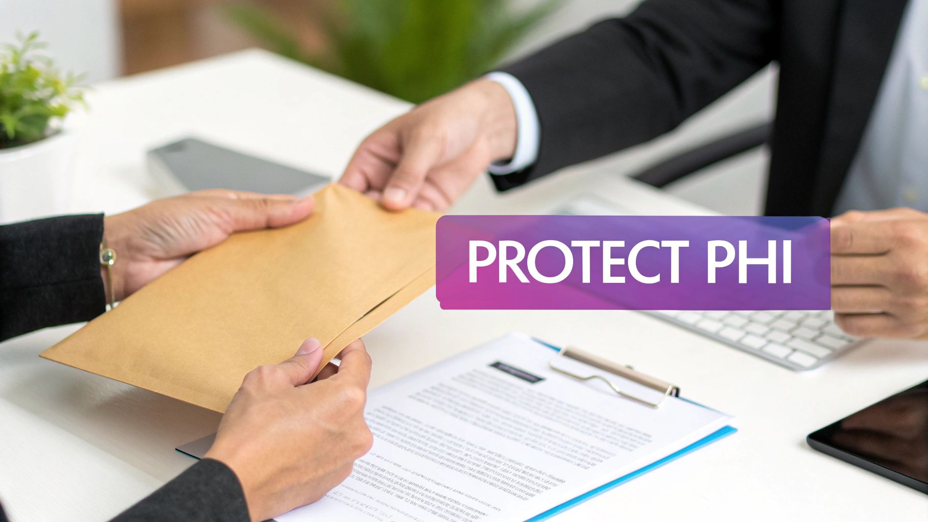 Two people exchanging a brown envelope, with a 'PROTECT PHI' text overlay, emphasizing secure document handling.