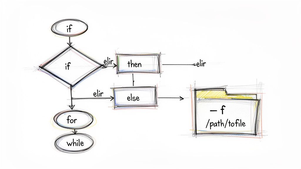 Hand-drawn flowchart illustrating programming control structures like if, then, else, for, and while loops.