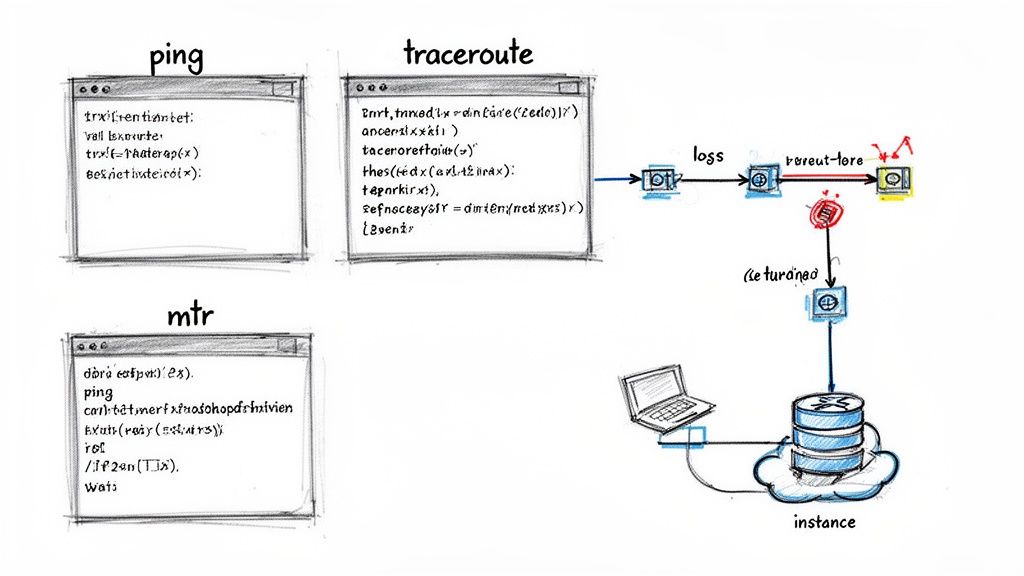 Diagram illustrating network diagnostic tools like ping, traceroute, and mtr, showing packet loss.