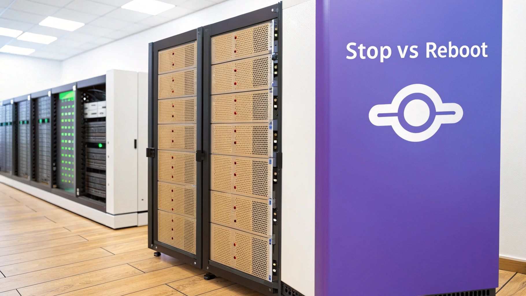 A server room with multiple racks, featuring a purple panel displaying 'Stop vs Reboot' text and a logo.