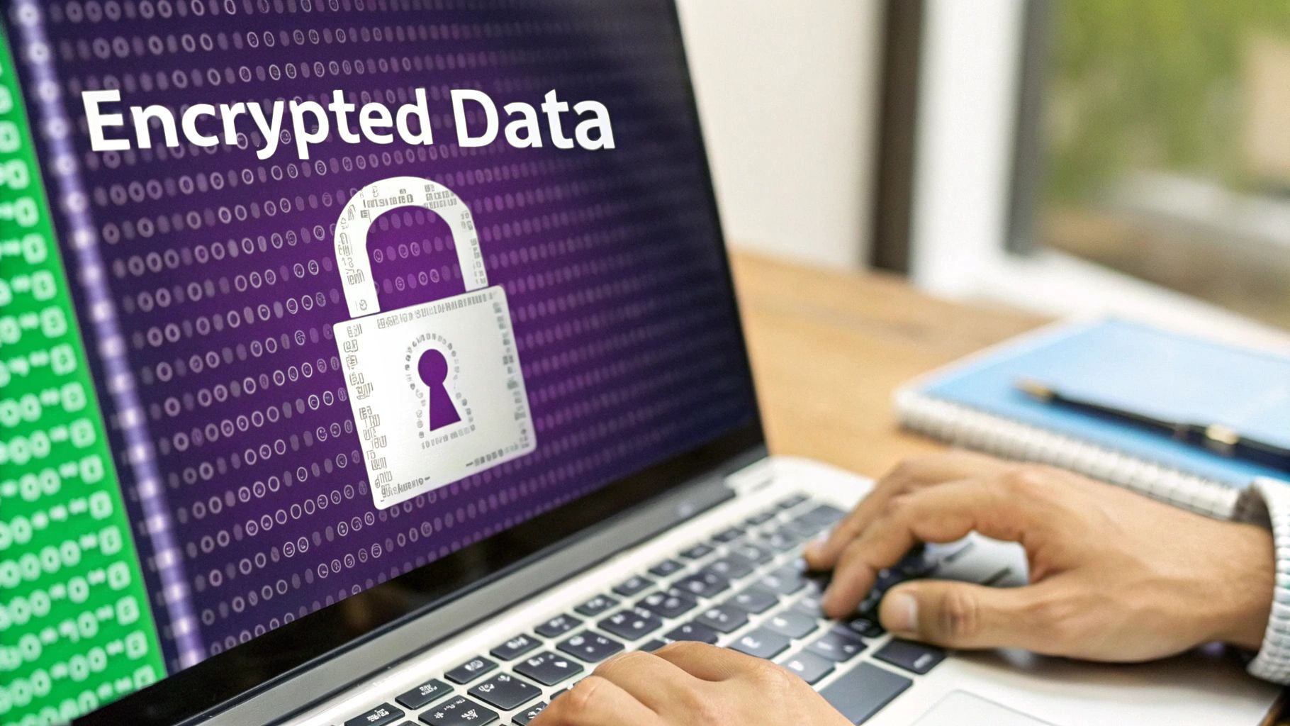 Hands typing on a laptop displaying 'Encrypted Data' text and a padlock, symbolizing data security.
