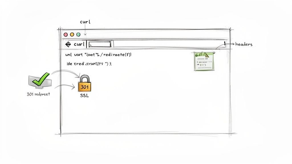 A diagram illustrating a browser with a curl command, showing a 301 redirect to SSL headers.