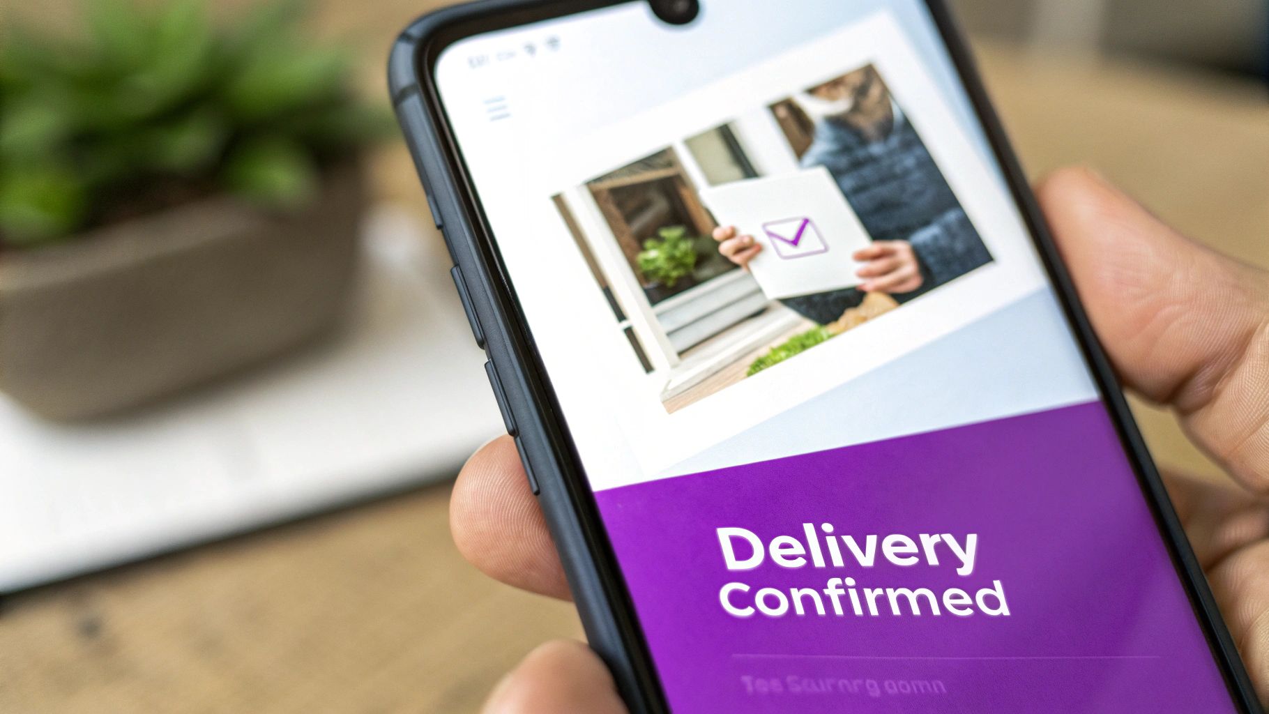 A hand holds a smartphone displaying a 'Delivery Confirmed' message for a package.
