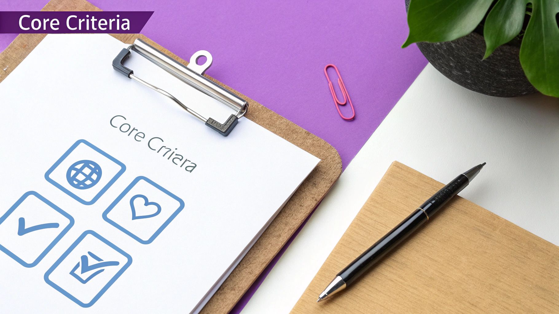 A flat lay showing a clipboard with 'Core Criteria' and checklist icons, a pen, and office supplies.