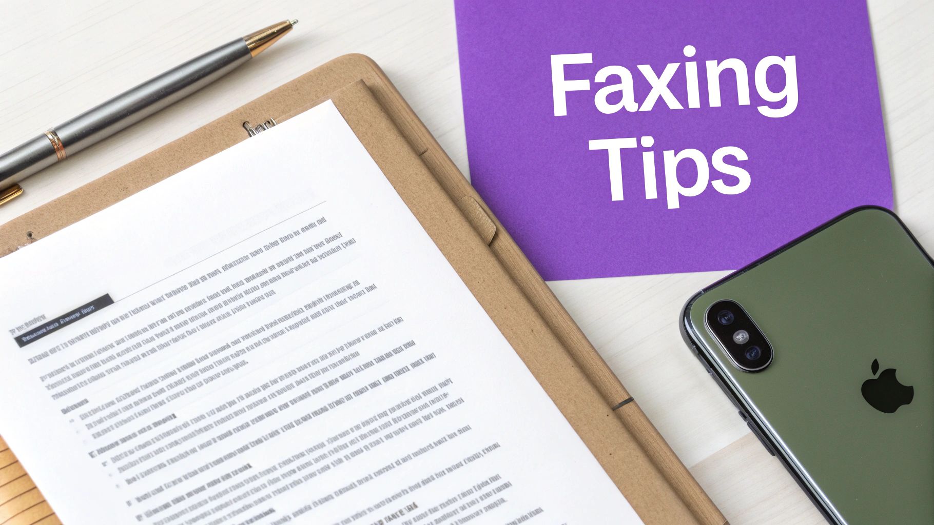A flat lay of a desk with a pen, document, clipboard, a green iPhone, and a purple card titled 'Faxing Tips'.