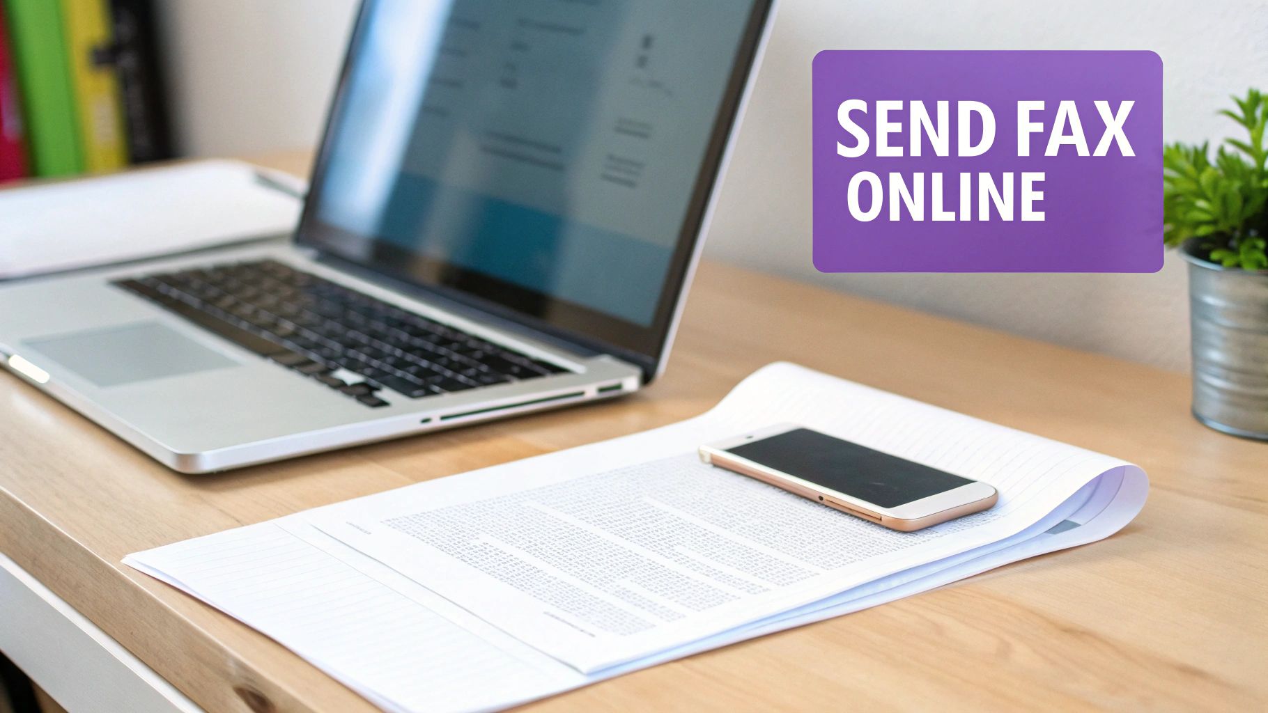 A laptop, smartphone, and papers on a wooden desk with a 'SEND FAX ONLINE' sign, suggesting remote work.