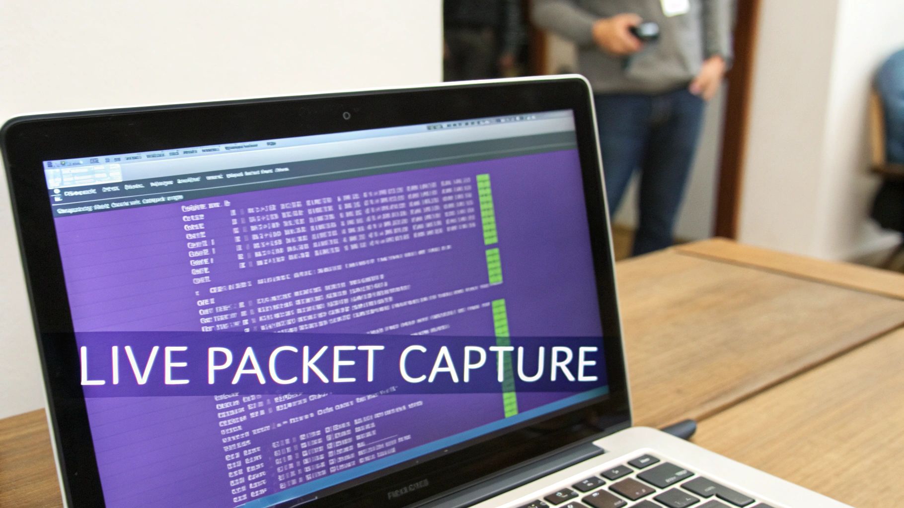 Laptop displaying live network packet capture data with purple terminal interface for traffic monitoring