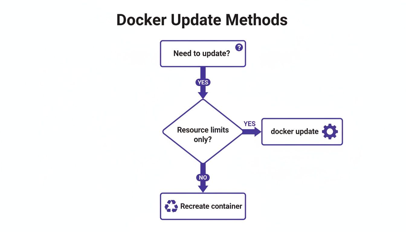 Flowchart illustrating Docker container update methods: 'docker update' for resource limits or 'recreate container'.