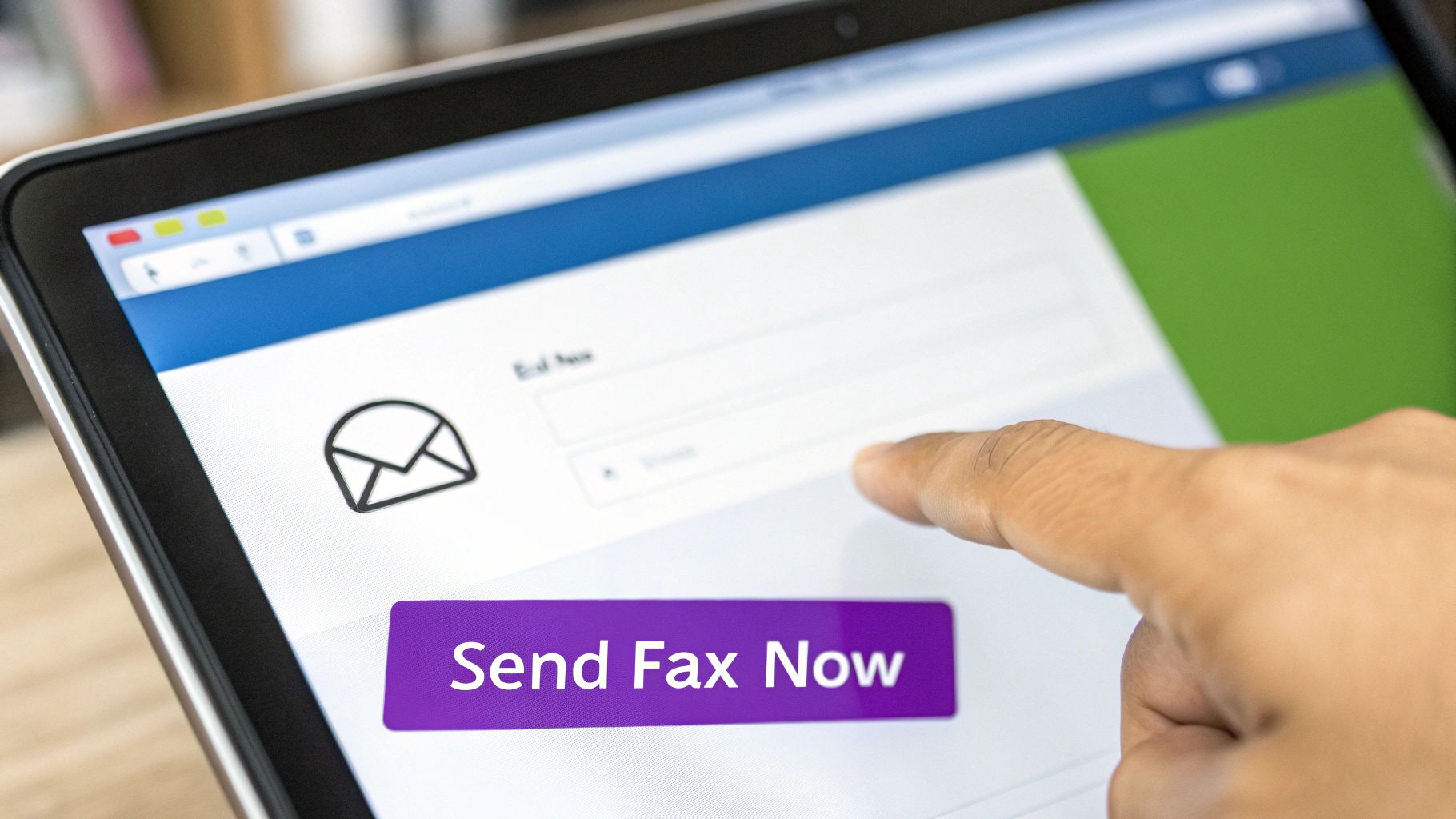 A finger taps a tablet screen displaying a 'Send Fax Now' button, indicating online faxing.