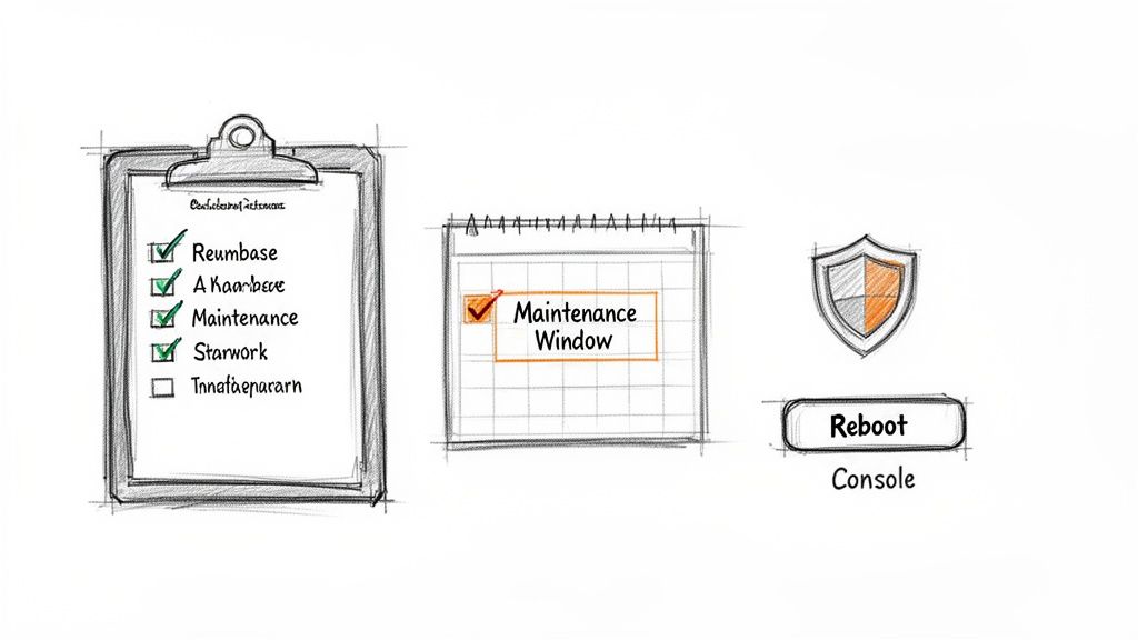 Hand-drawn diagram depicting a maintenance checklist, schedule, and system reboot option.