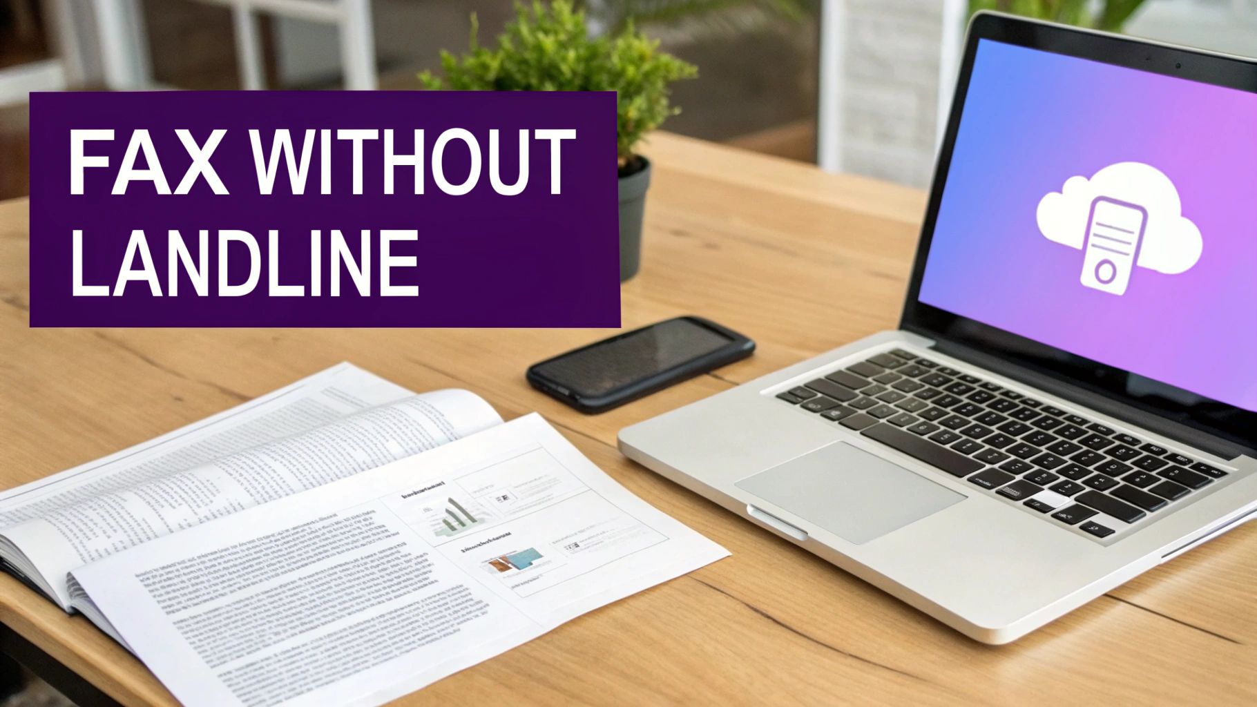 A desk with a laptop displaying a cloud fax icon, a smartphone, and documents, illustrating how to fax without a landline.