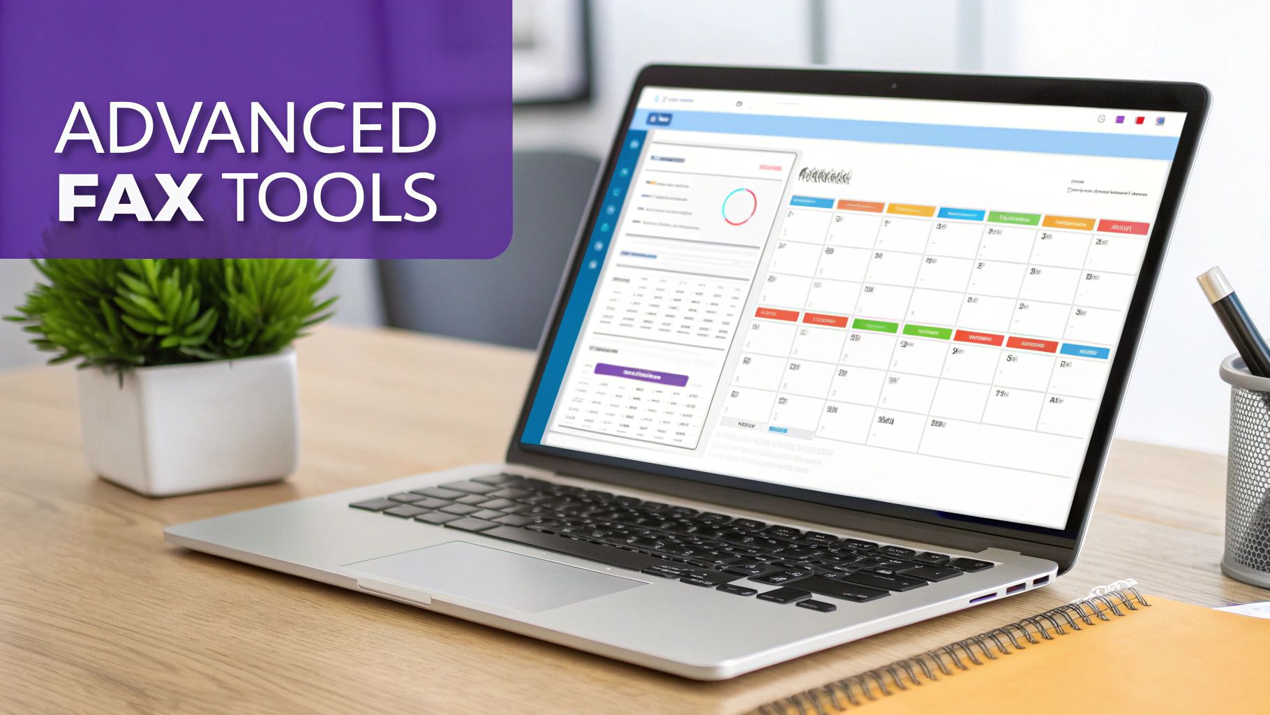 A laptop displaying a calendar and charts on a wooden desk, with text 'ADVANCED FAX TOOLS'.