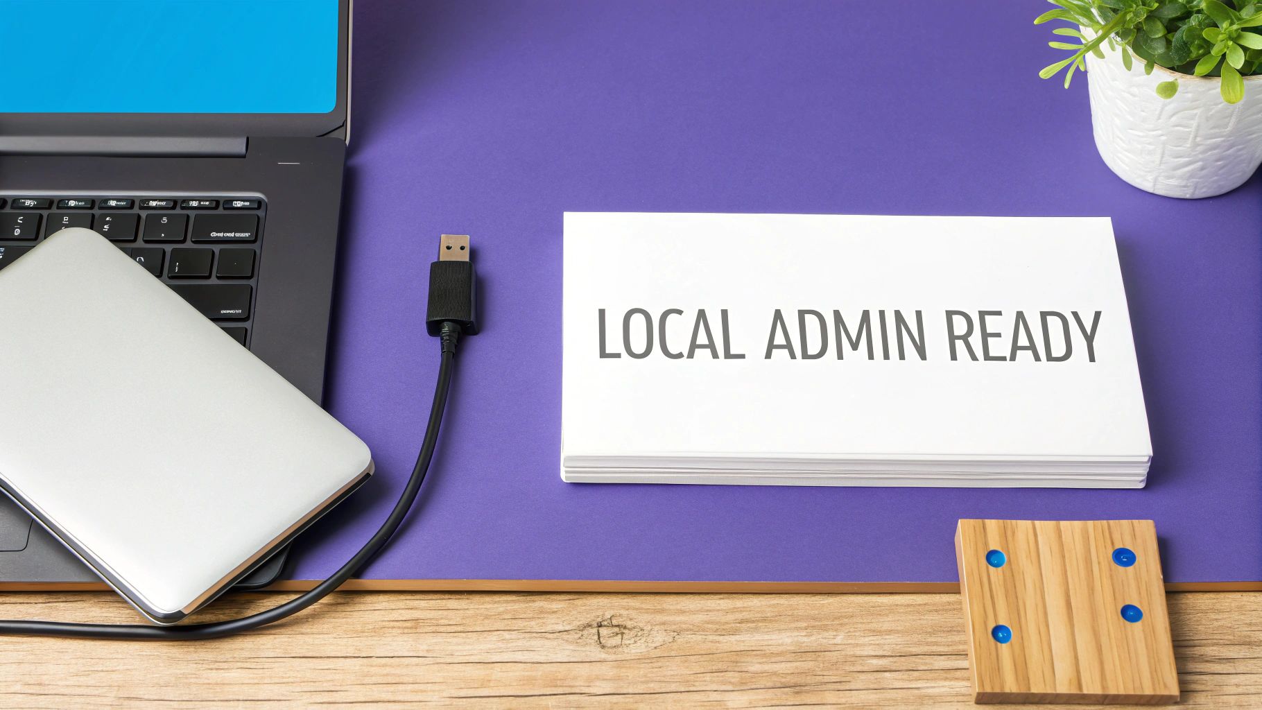 A laptop, external drive, and cards with 'LOCAL ADMIN READY' ></p>
<p>Next, back up critical user data. When you remove a PC from a domain, the domain user profiles are left behind, but accessing files on the Desktop or in Documents under <code>C:\Users\</code> can be a pain. A quick backup to an external drive will save you from tedious data migration later. Even if you're dealing with virtual machines, the same principles apply—our guide on <strong><a href=