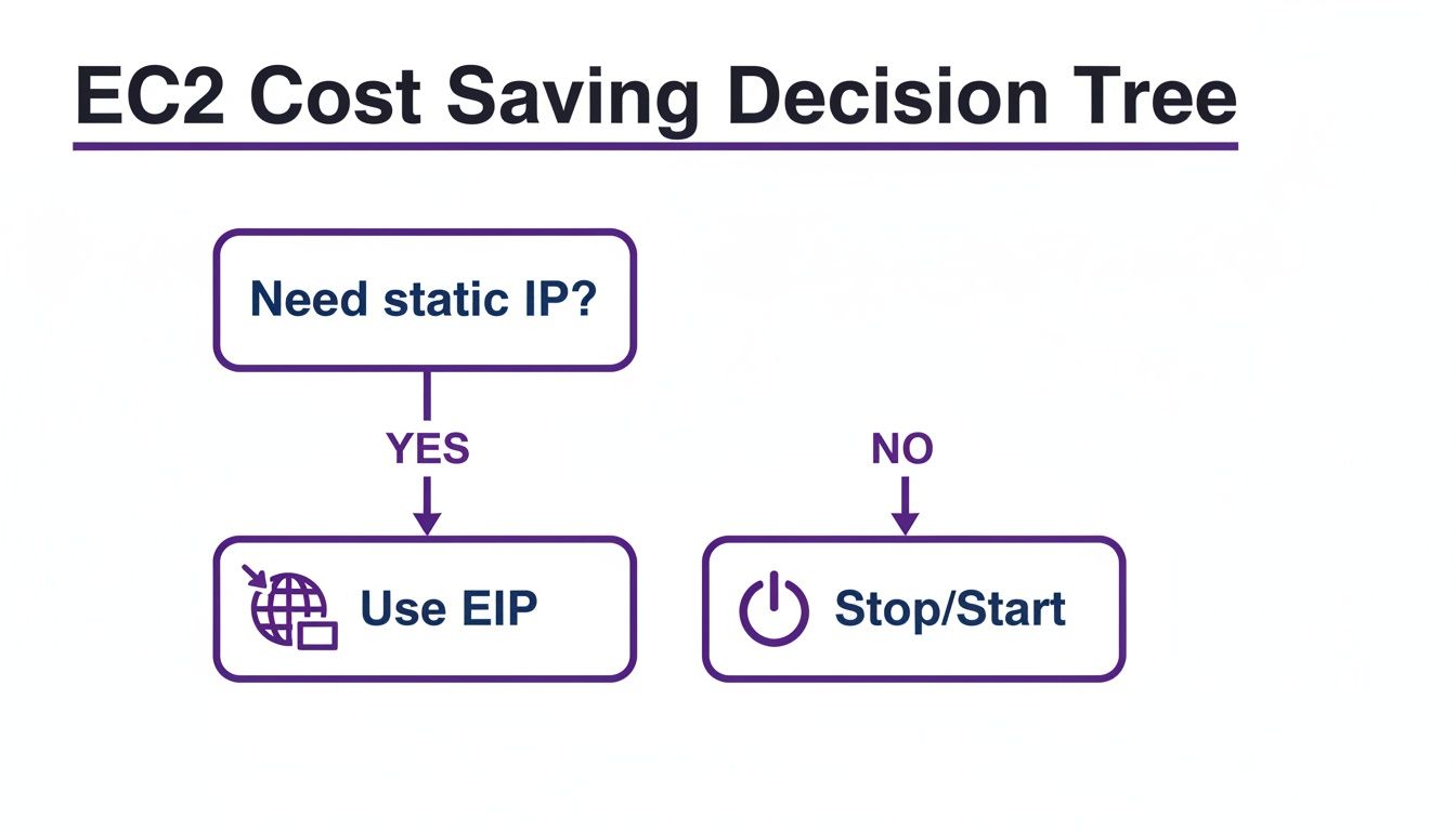 EC2 Cost Saving Decision Tree flowchart indicating actions based ></p>
<p>For any server that needs a reliable public endpoint, like a staging server for client demos, an Elastic IP is essential when using stop/start schedules. For purely internal-facing instances, you can often save costs without needing one.</p>
<h2 id=