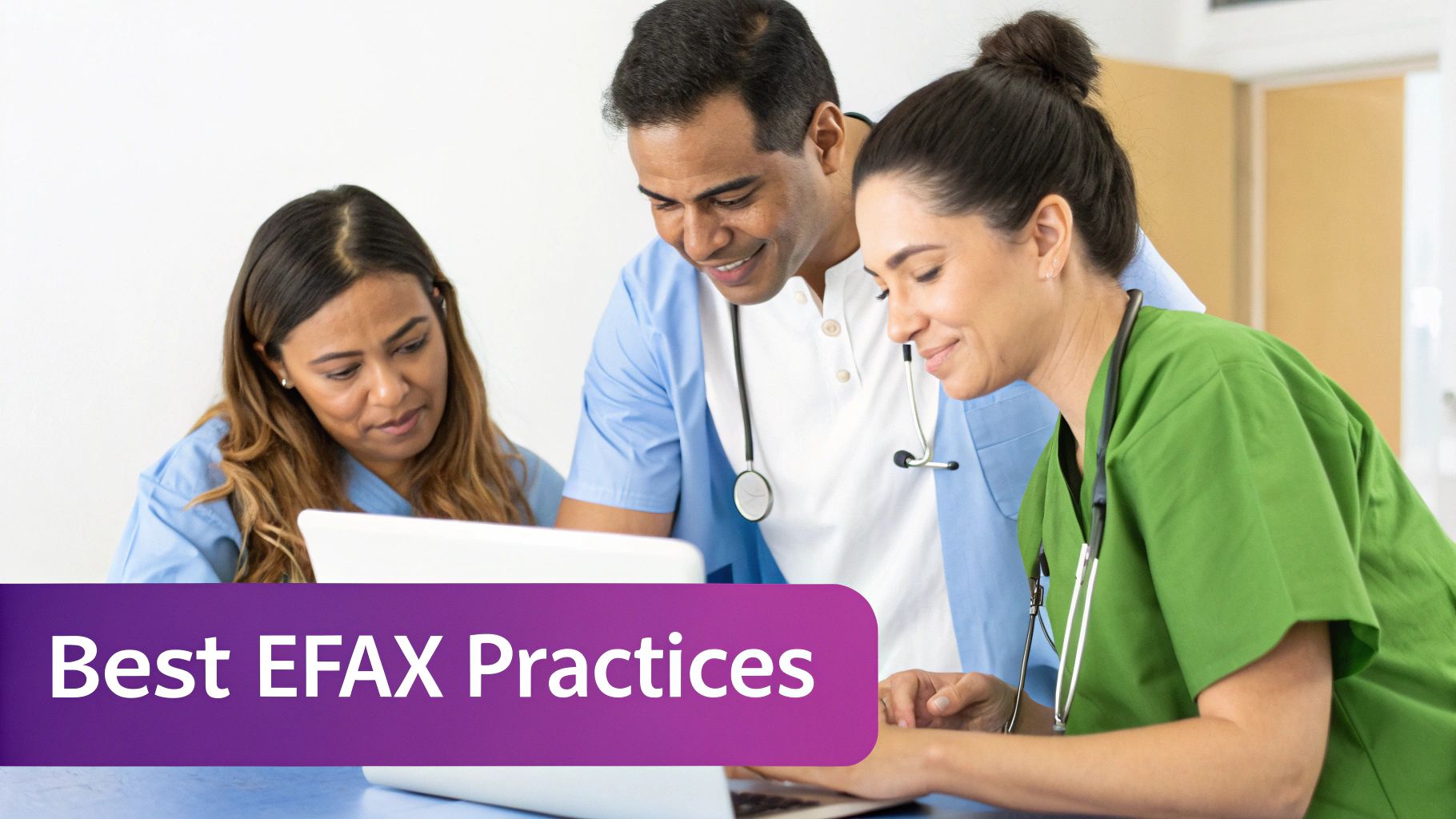 Three medical professionals in scrubs collaborate on a laptop, demonstrating best eFax practices.