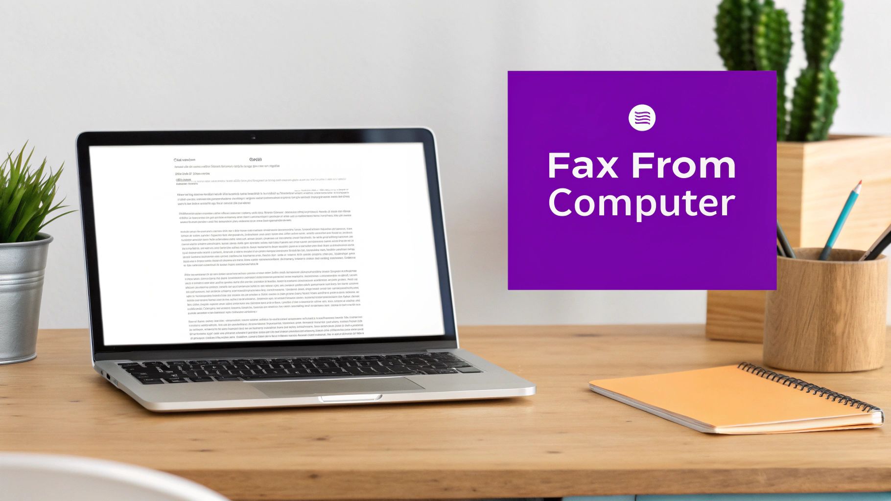 A laptop on a wooden desk displaying a document, with a purple 'Fax From Computer' graphic.