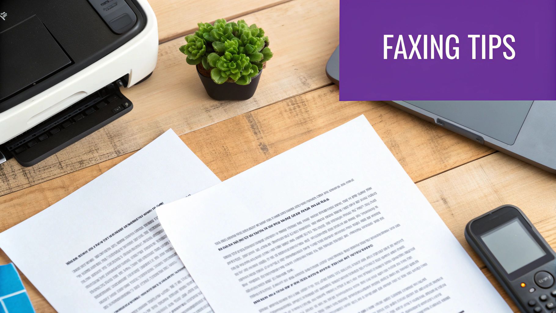 Office desk with fax machine, documents, succulent plant and faxing tips banner displayed