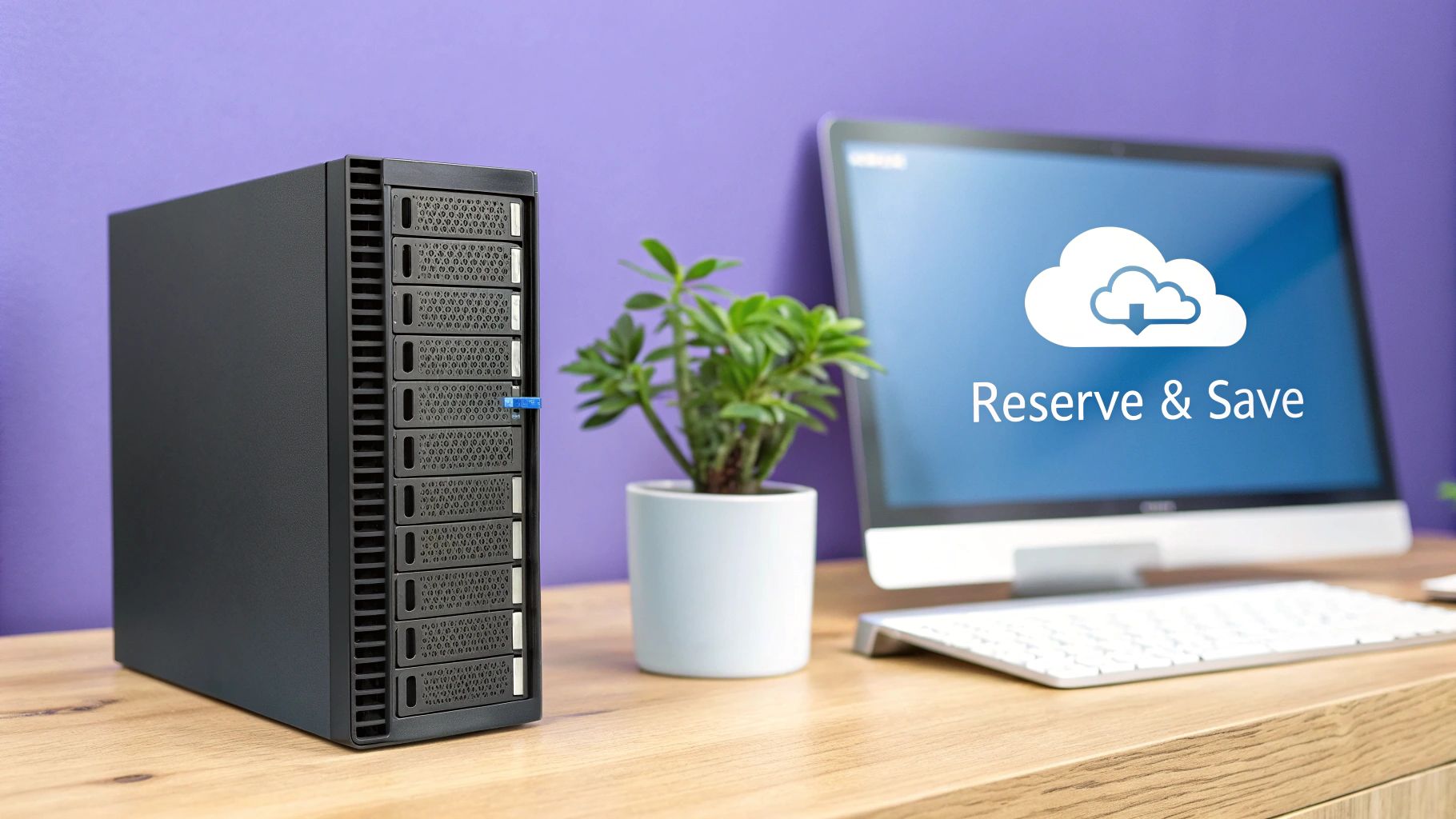 A server tower, plant, and computer monitor displaying 'Reserve & Save' cloud icon ></p>
<div class=