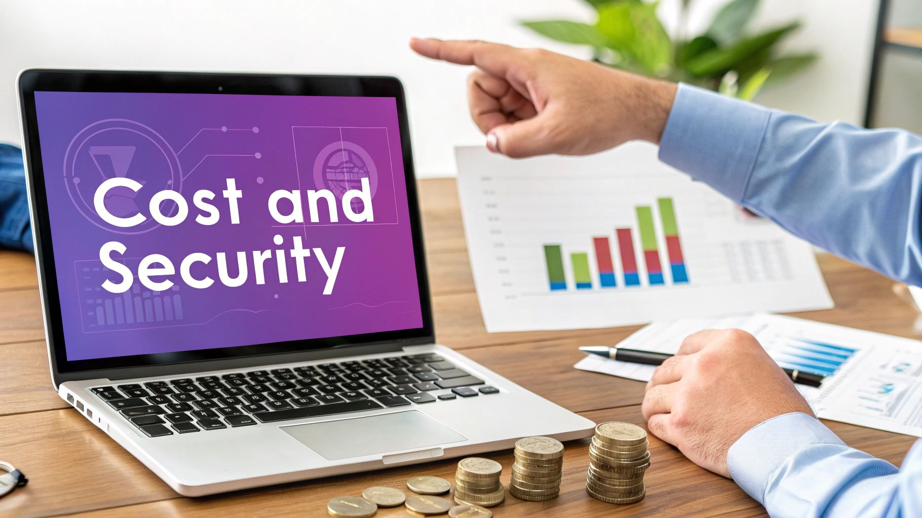 Businessman points at laptop showing 'Cost and Security', surrounded by financial charts and coins on a desk.