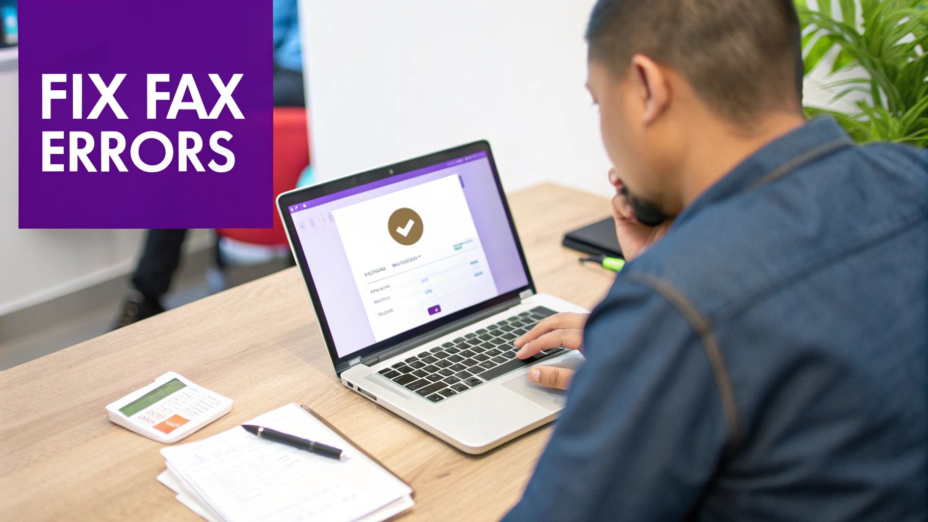 A person fixes fax errors on a laptop, displaying a successful completion screen.