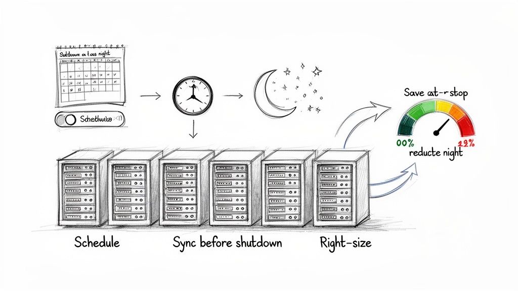 Hand-drawn diagram of server management steps: schedule, sync before shutdown, and right-sizing for energy savings.
