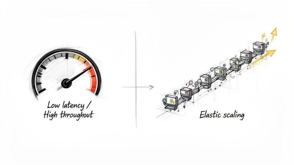 Diagram illustrating the relationship between low latency, high throughput, and elastic scaling in computing.