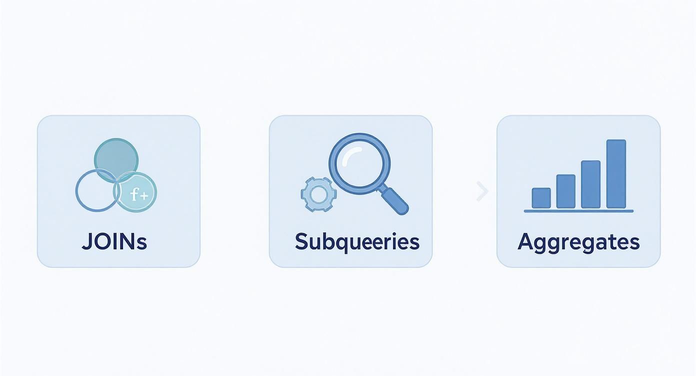 Diagram showing INNER, LEFT, and RIGHT JOINs with overlapping circles