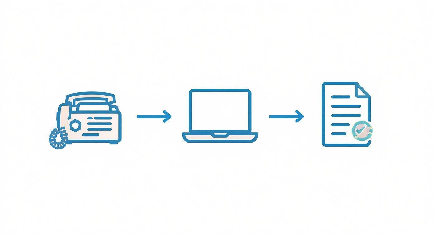 A modern desk setup with a laptop showing a document ready to be faxed, symbolizing the convenience of digital faxing.