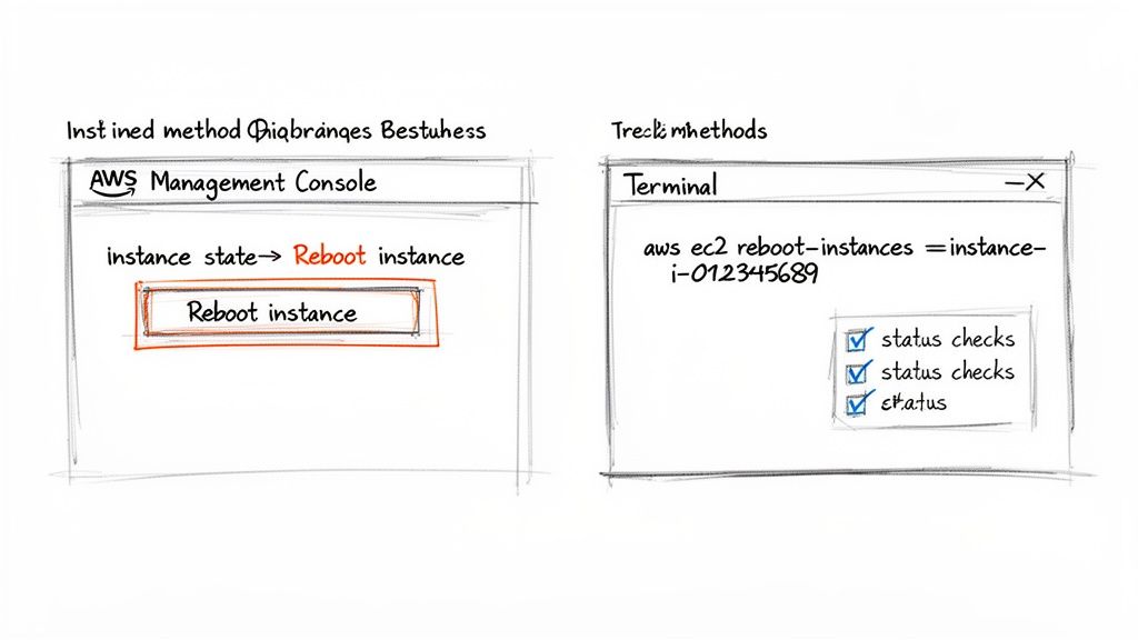 Diagram showing a server icon with a circular arrow, representing the EC2 restart process for performance and updates.