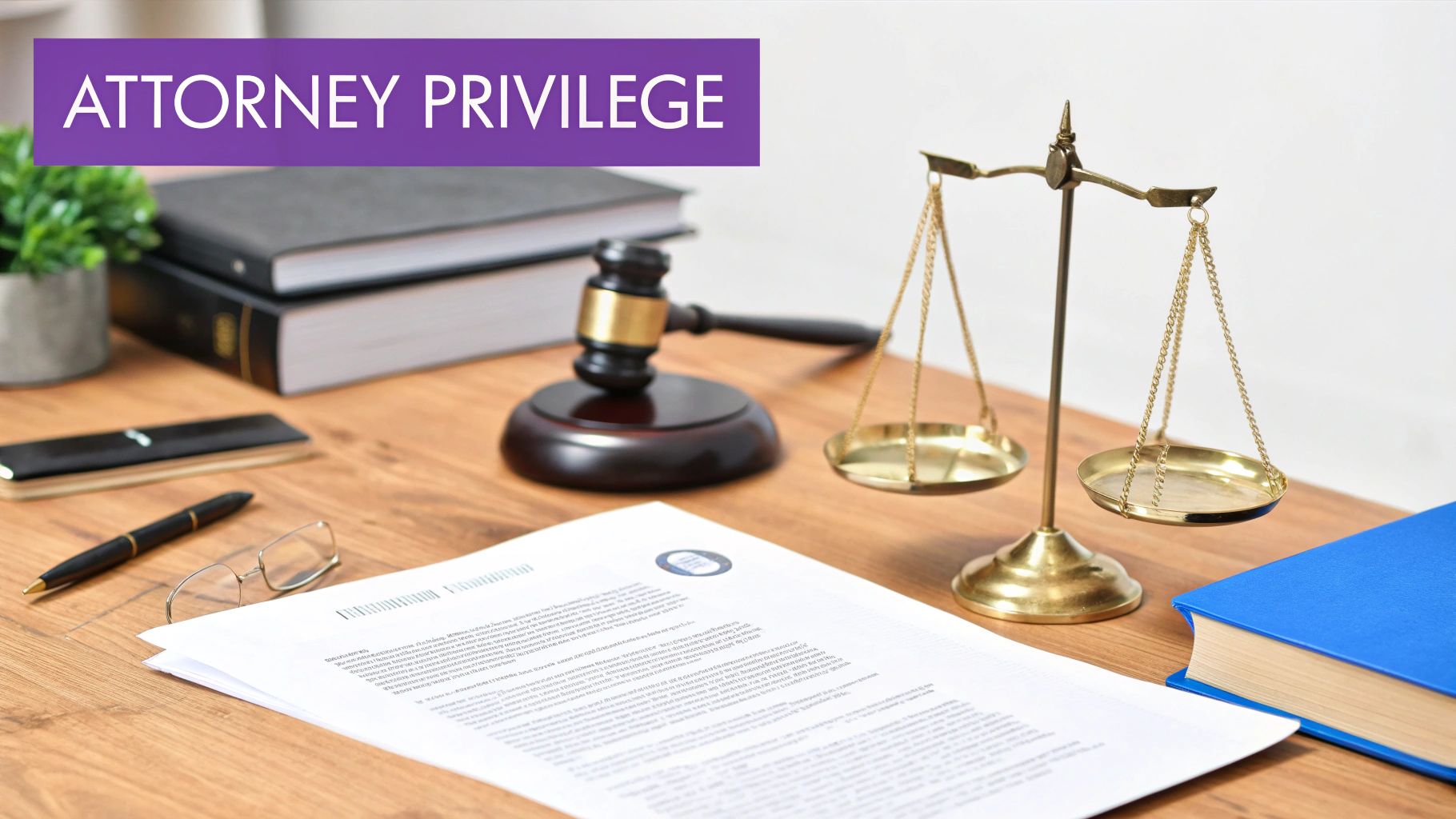 A law office desk with a gavel, scales of justice, legal documents, books, and glasses, displaying 'ATTORNEY PRIVILEGE'.