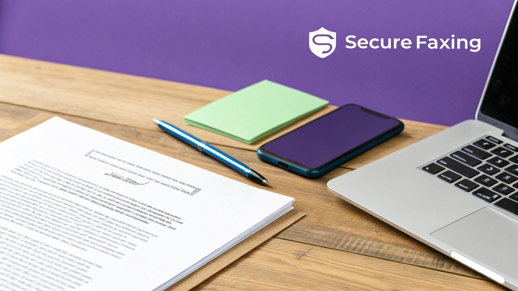 Office desk with document, pen, phone, laptop, and Secure Faxing logo against a purple wall.