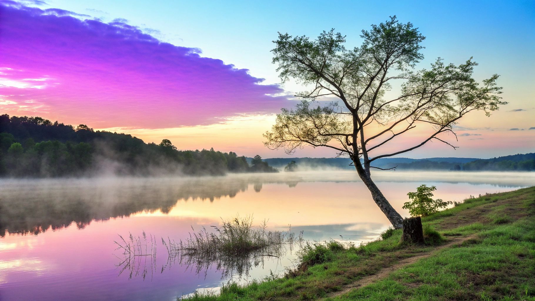 Misty lake at dawn with vibrant pink and blue sky, reflected water, and a solitary tree.