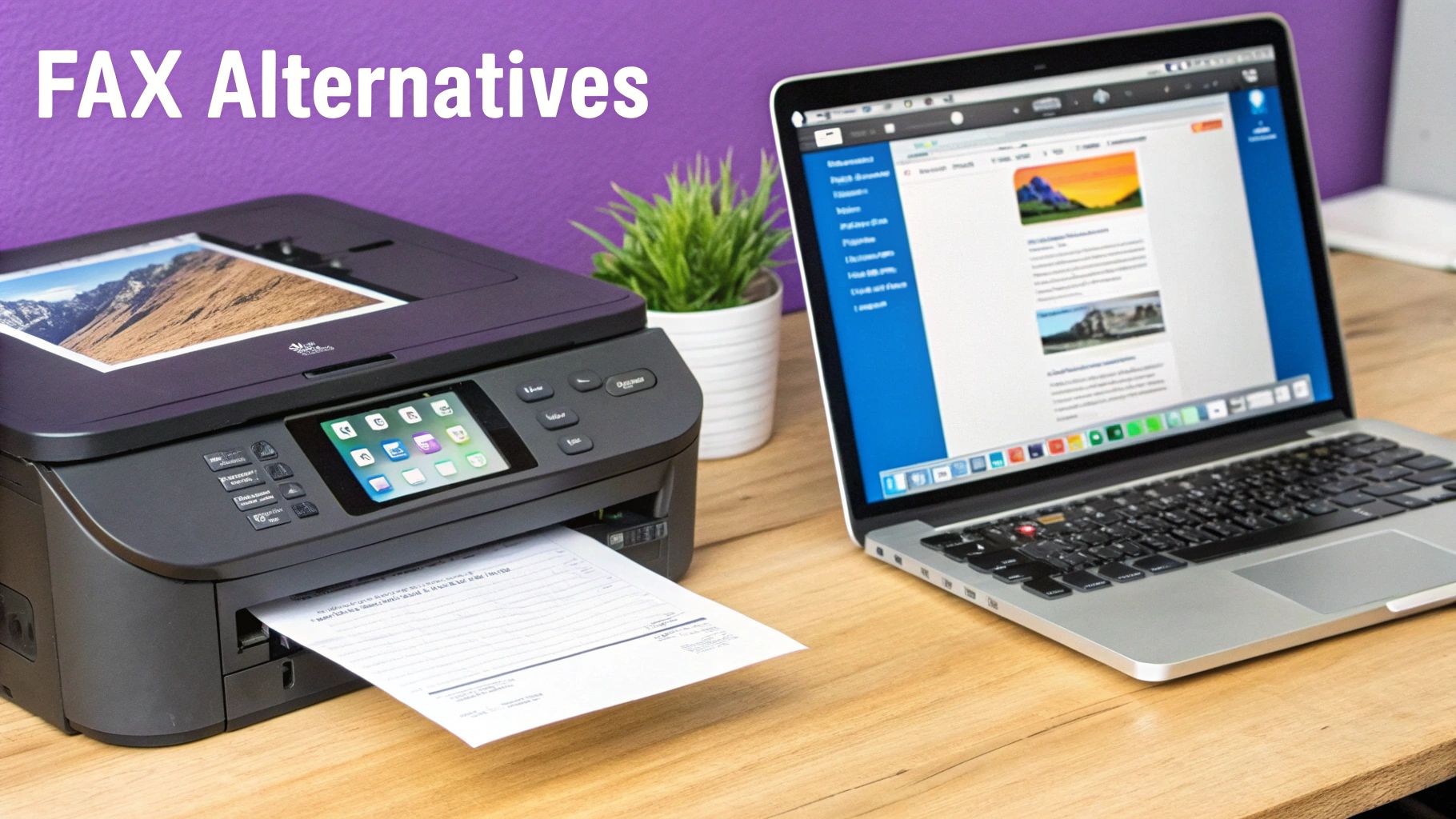 A multi-function printer is printing a document next to a webpage, with 'FAX Alternatives' text overlay.