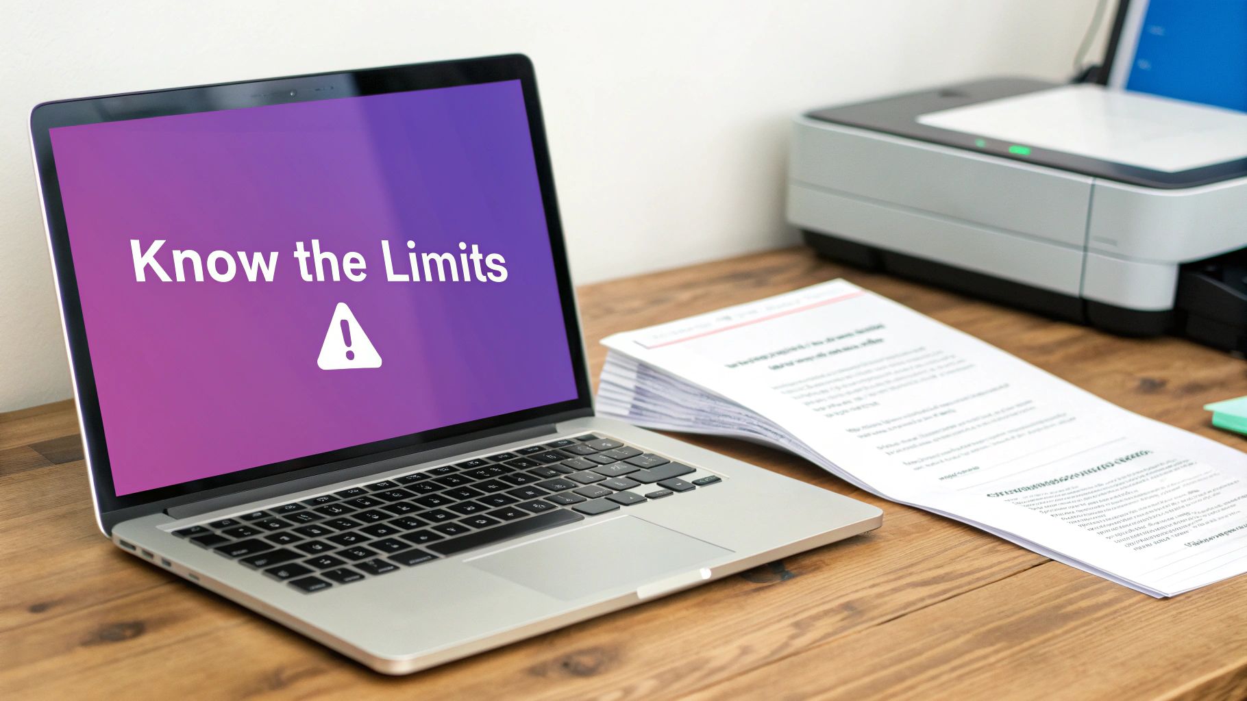 A laptop on a wooden desk displays 'Know the Limits' with a warning sign, next to papers and a printer.
