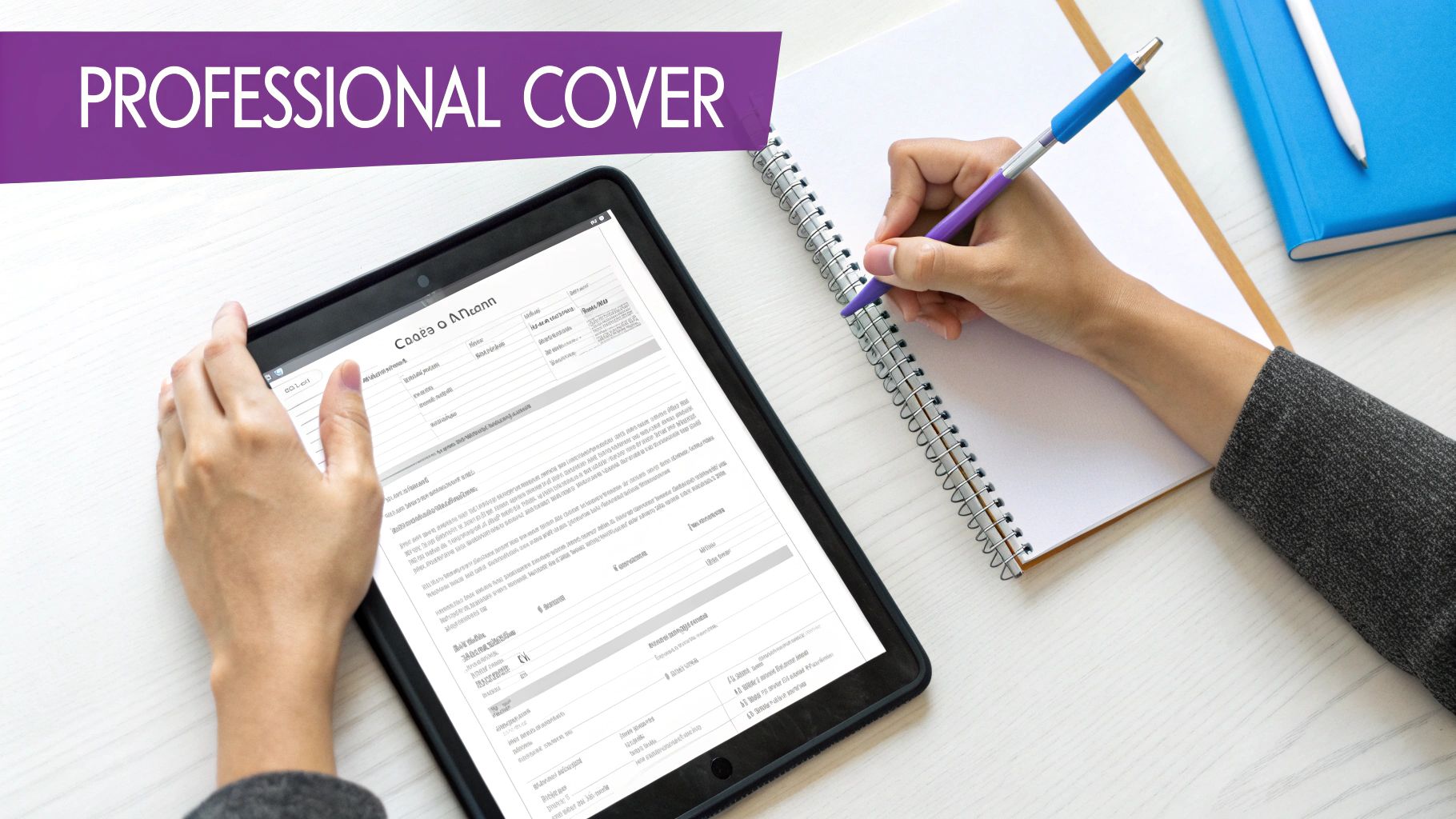 A person views a professional cover document on a tablet and writes notes in a spiral notebook.