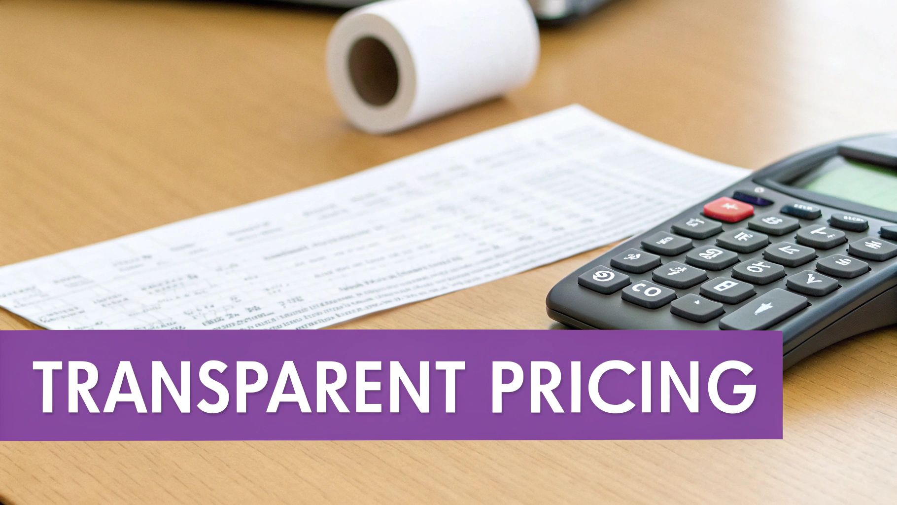 A calculator, receipt, and paper roll on a wooden desk with a 'TRANSPARENT PRICING' banner.