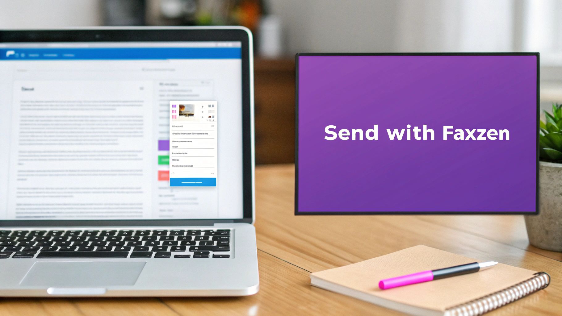 A laptop shows a document interface next to a monitor displaying 'Send with Faxzen' on a wooden desk.