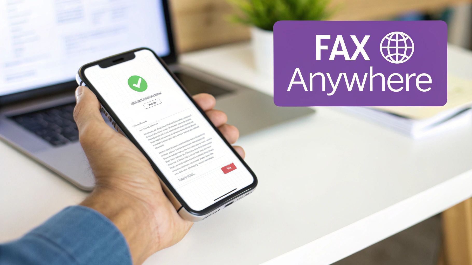 A hand holds a smartphone showing a success message, with a 'FAX Anywhere' logo in the background.