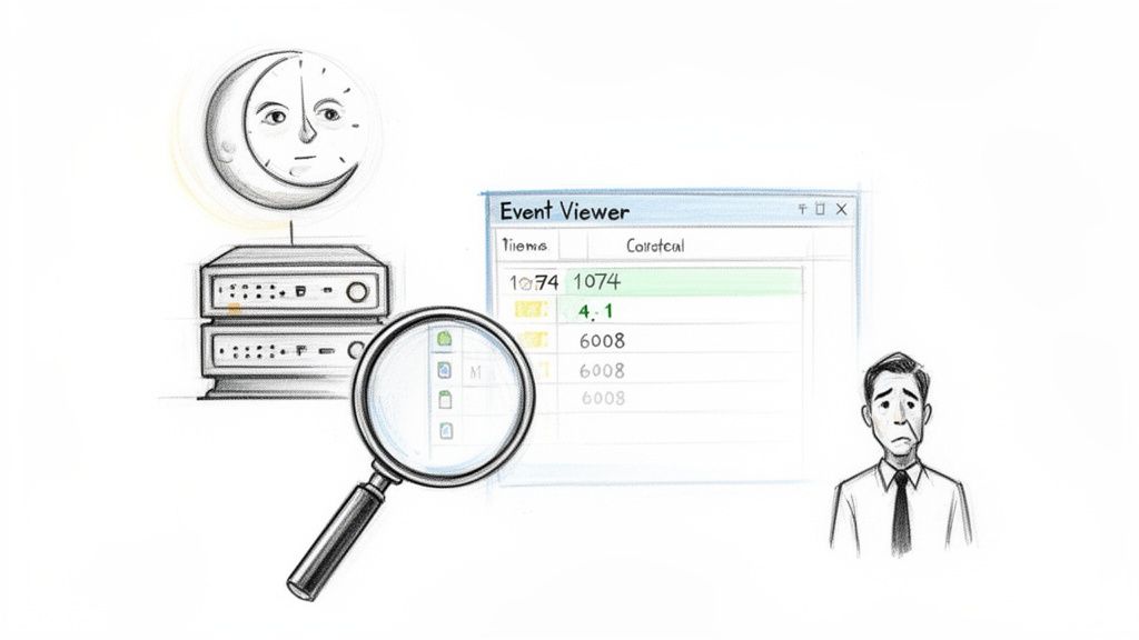 Hand-drawn illustration of system monitoring with Event Viewer, servers, and a concerned man.