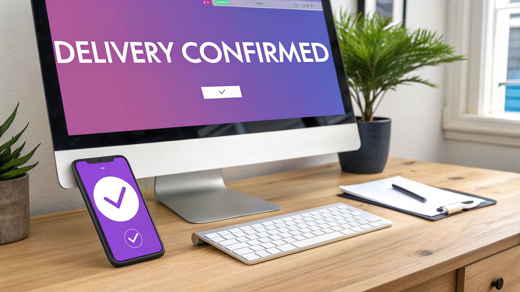 Desktop computer showing 'Delivery Confirmed' on screen, with a smartphone displaying a checkmark.