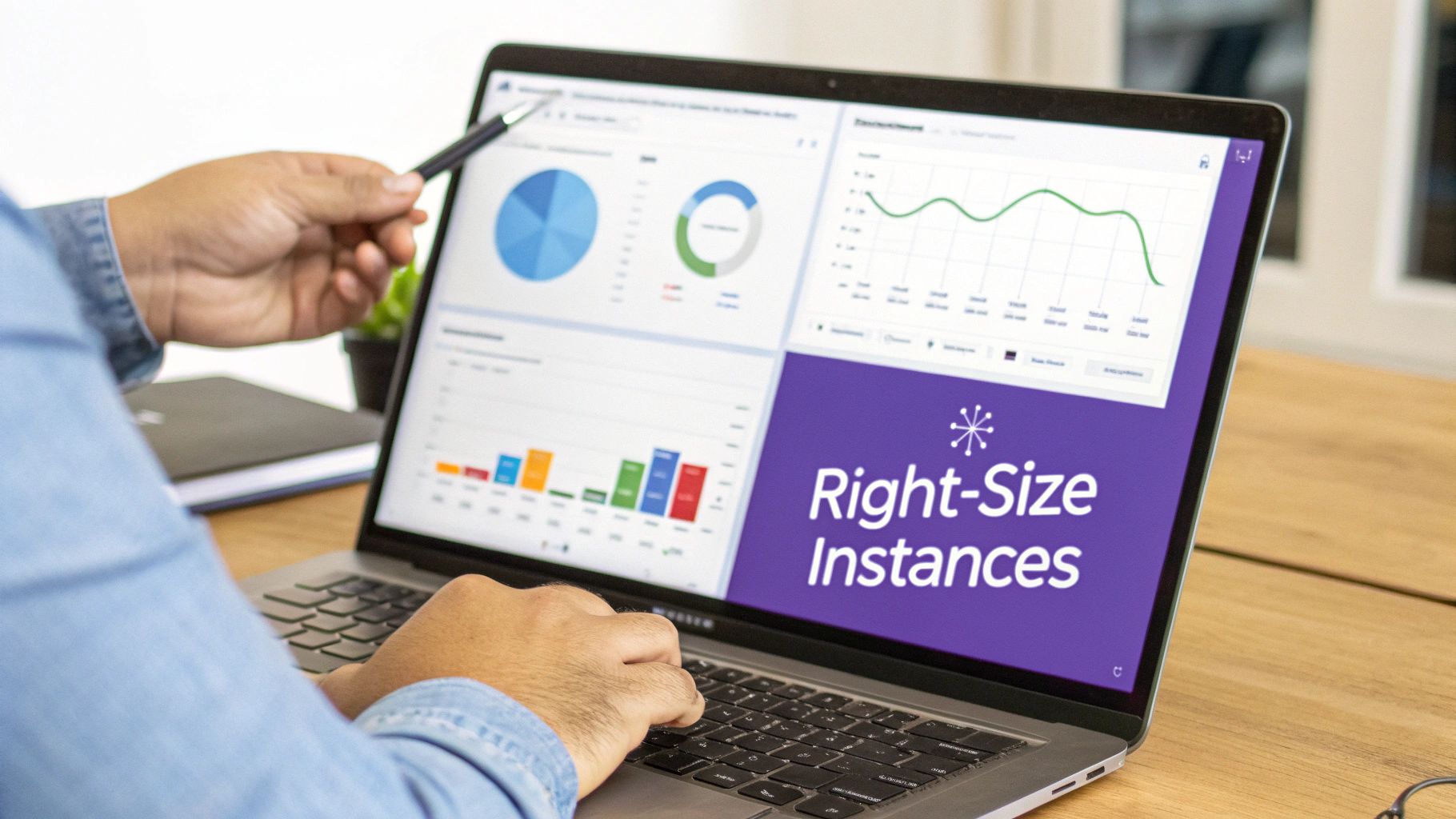 A person analyzes a FinOps dashboard ></p>
<p>A methodical and data-driven approach is essential for successful right-sizing. Begin by collecting detailed performance metrics (CPU, memory, network) over a representative period, typically 14 to 30 days, using native tools like AWS CloudWatch or Azure Monitor. This captures workload peaks and troughs, avoiding premature adjustments. Then, use this data to identify candidates for right-sizing, leveraging cloud provider tools like AWS Compute Optimizer or Azure Advisor for automated recommendations. Finally, implement the changes, starting in non-production environments to mitigate risk, and continue to monitor performance to validate that the new instance size adequately meets workload demands. For a deeper dive into the fundamental principles, exploring general strategies for <a href=