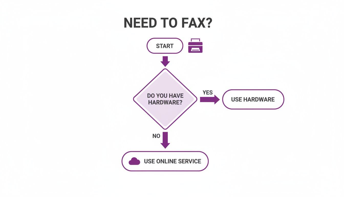 A flowchart illustrates the process of sending a fax, guiding users to use hardware or an online service.