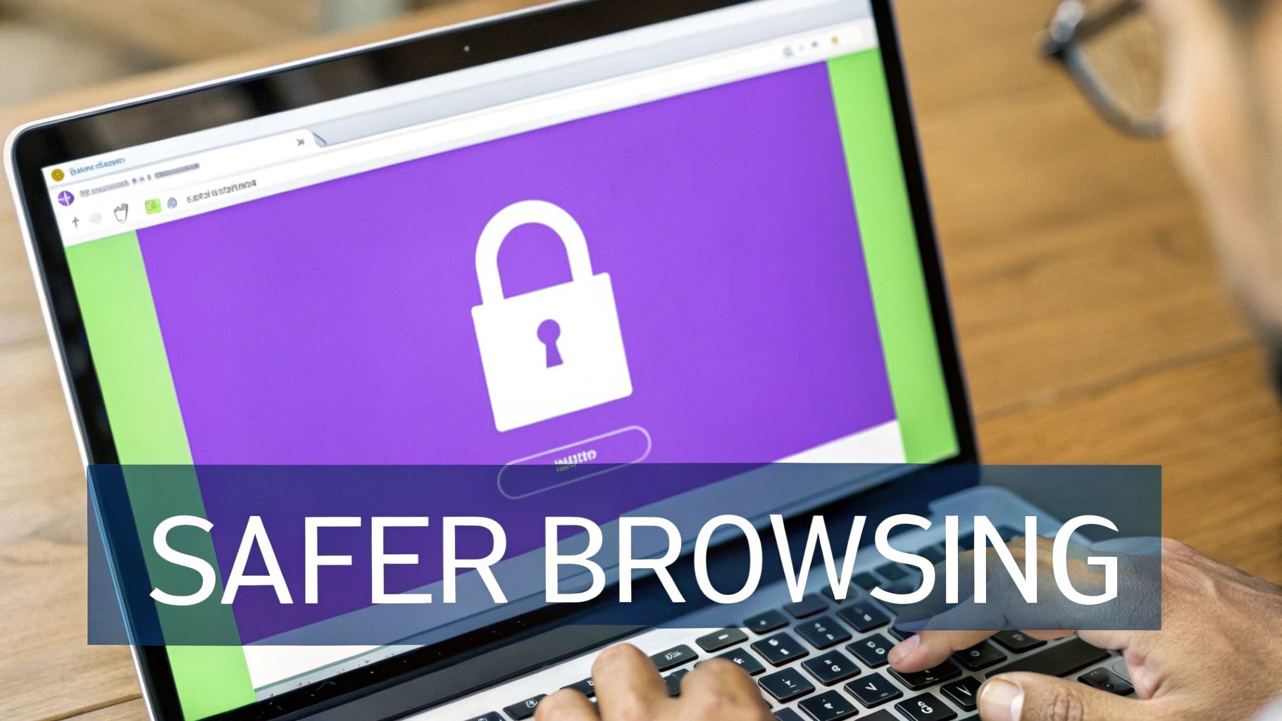 A person's hands typing on a laptop screen displaying a padlock icon and "SAFER BROWSING" text.