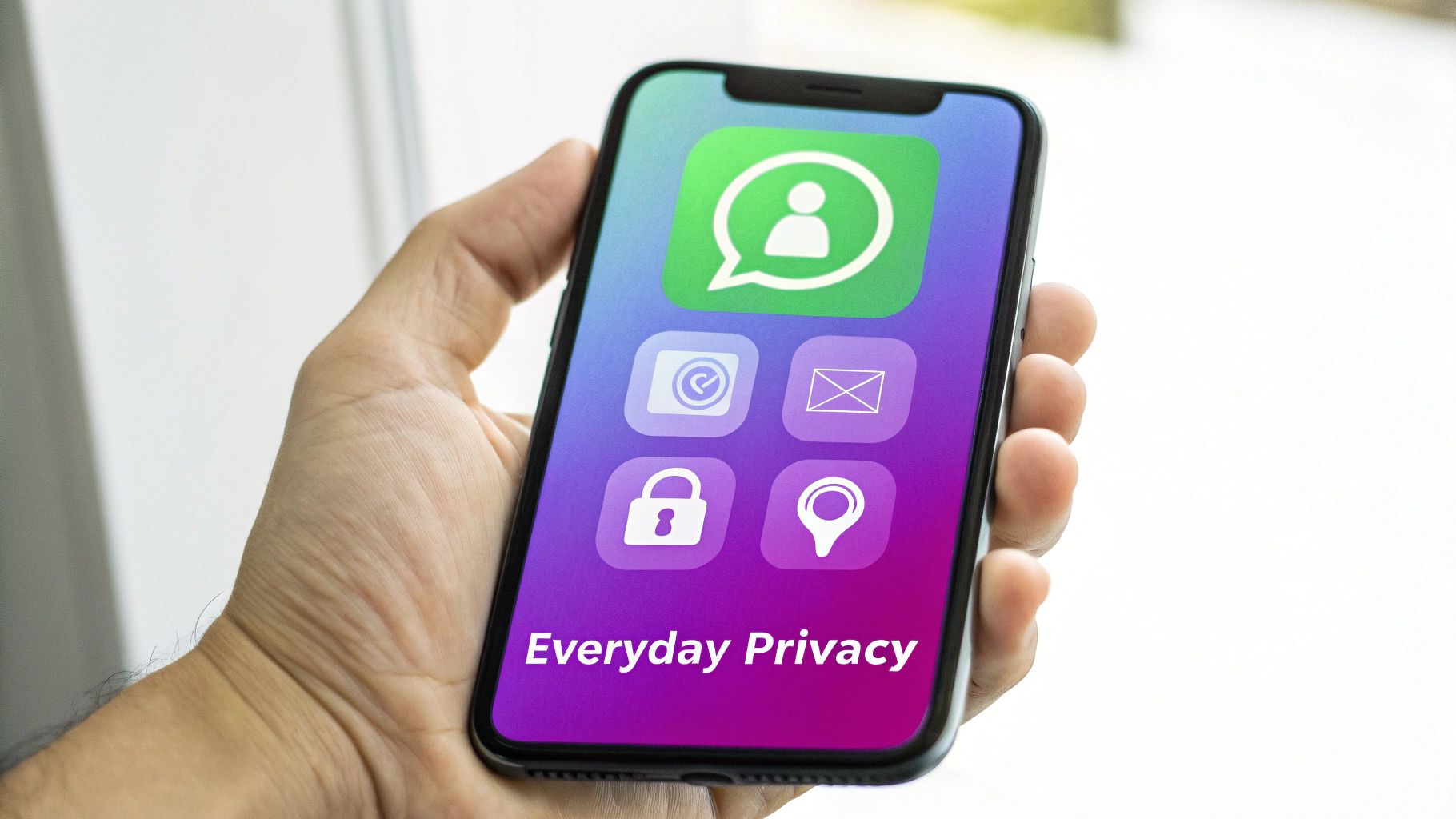A hand holds a smartphone displaying privacy app icons and 'Everyday Privacy' on screen.
